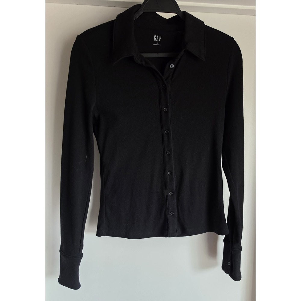 Gap Women's Black Ribbed Collared Long Sleeve Shirt Size M Top Cardigan